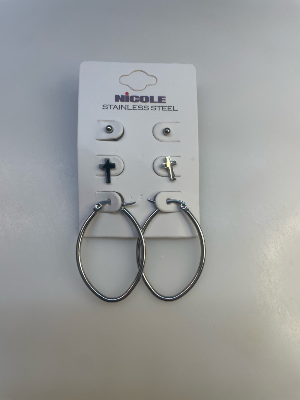 Nicole Stainless Steel Silver Studs, Crosses & Hoop Earring Set